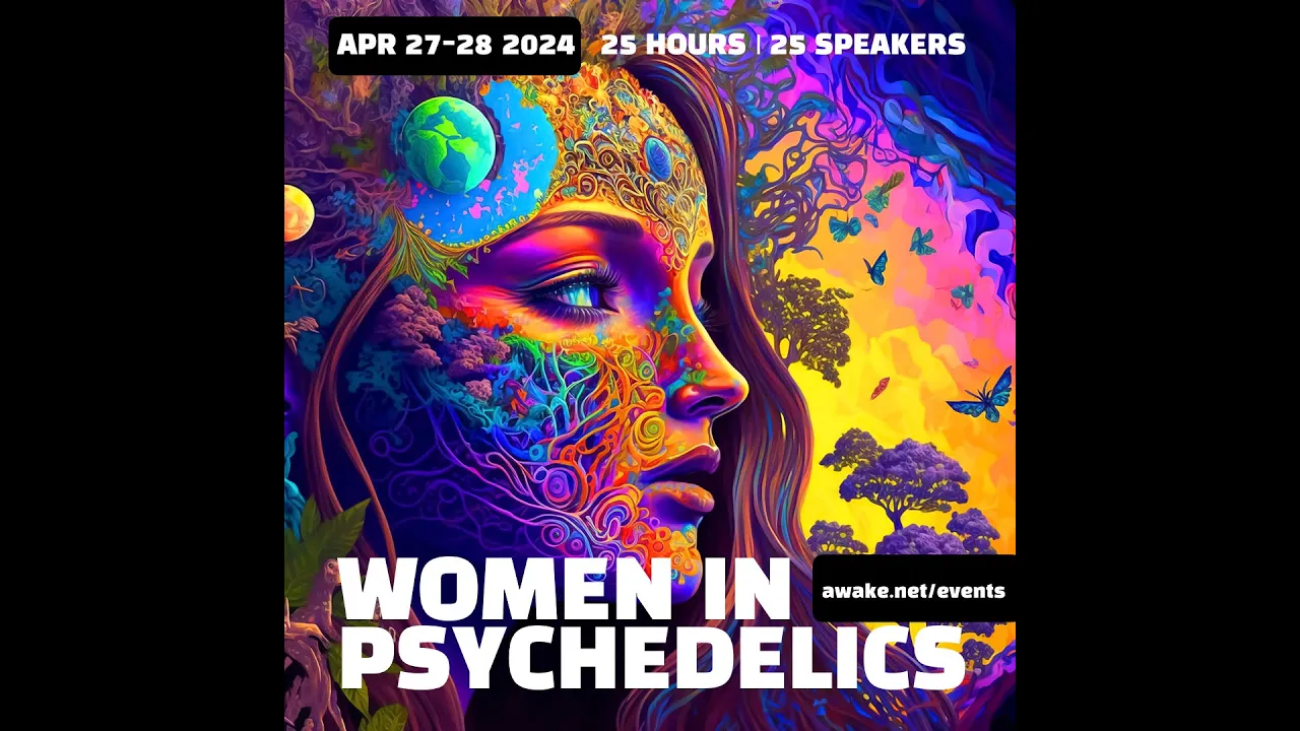 Ilustración colorida de un rostro femenino con elementos psicodélicos y naturales en el fondo.