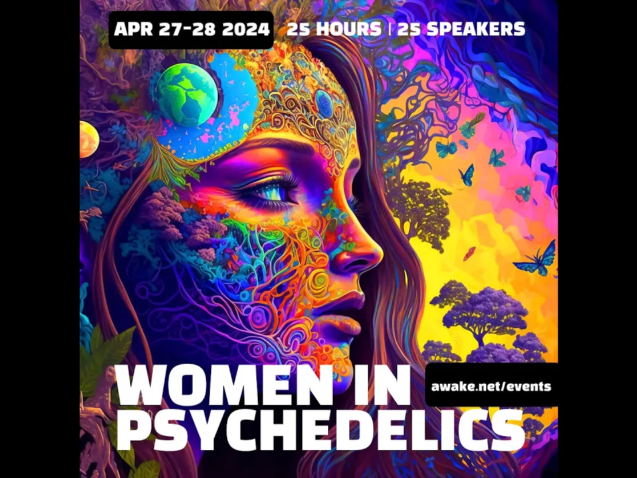 Ilustración colorida de un rostro femenino con elementos psicodélicos y naturales en el fondo.